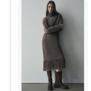 Women's Zara 100% Wool Turtle Neck Fringe Grey Taupe Midi Knit Dress Size XS-S
